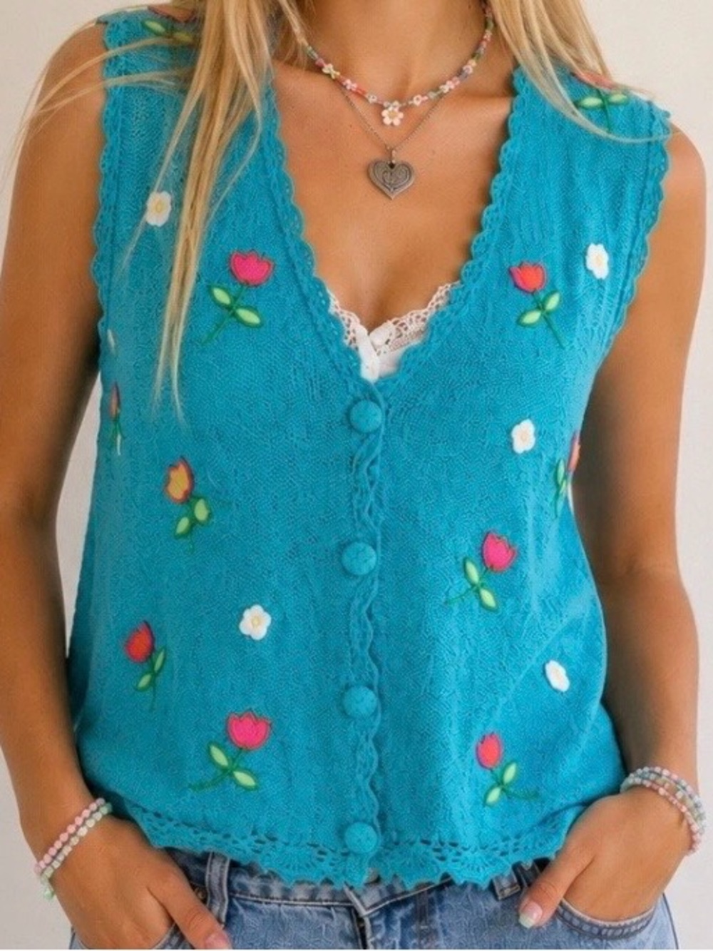 Vintage 90s Mándal Bay Crochet Embroidered Tulip Sweater Vest Size XL NWT